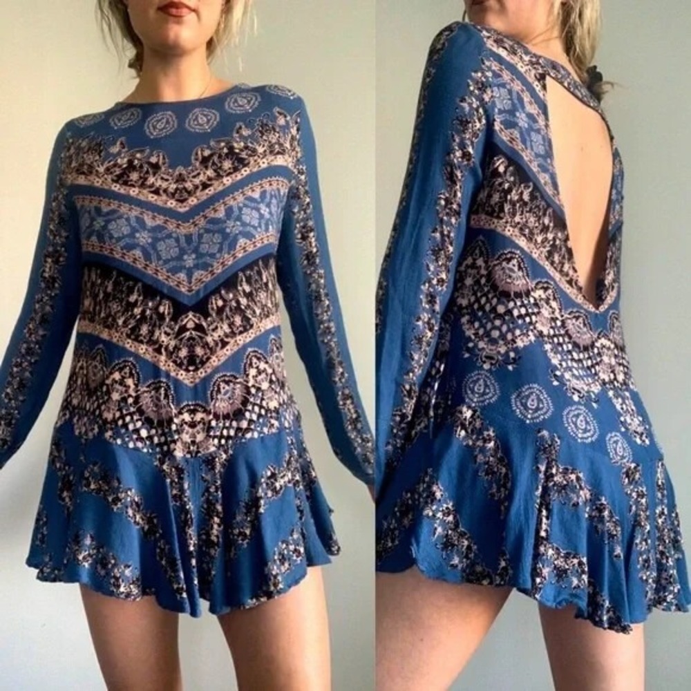 Free People Smooth Talker Tunic Mini Dress Geometric Boho Festival LS Blue Large - Picture 10 of 16